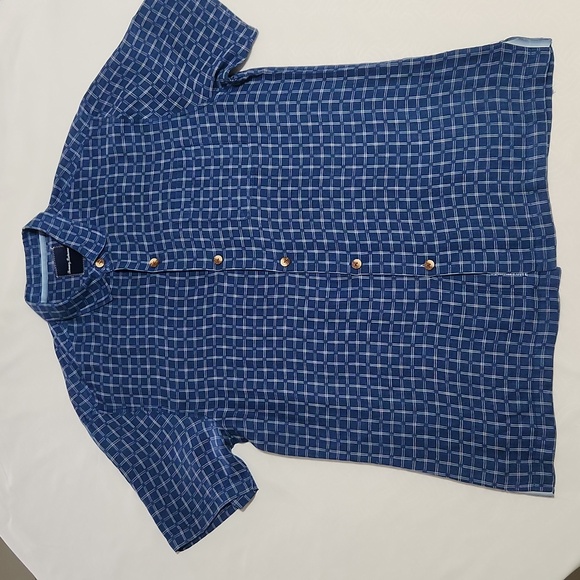 TOMMY BAHAMA SHIRT MENS L/G HAWAIIAN BUTTON BLUE CHECK SILK BLEND CAMP C… - Picture 3 of 10